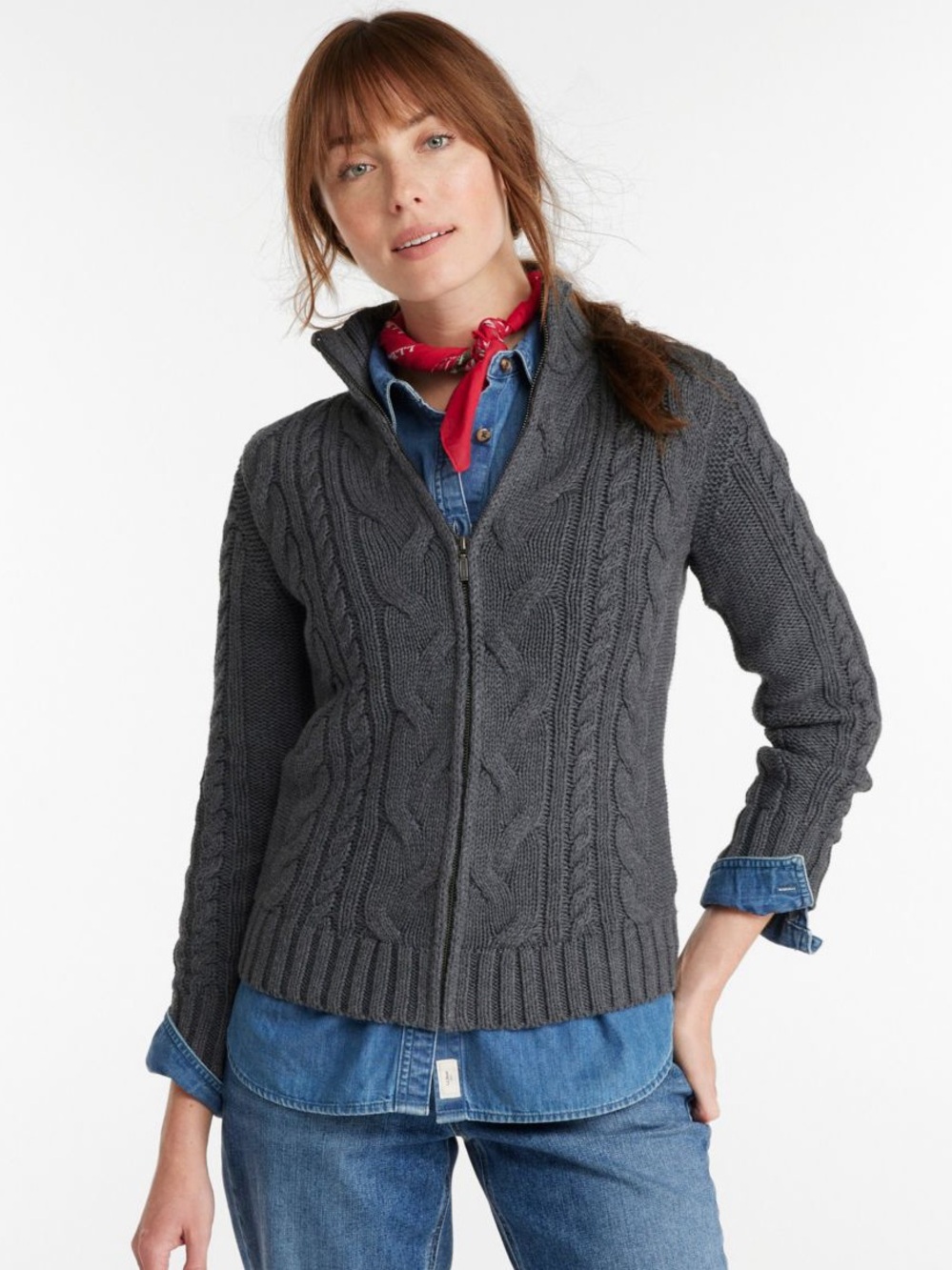 L.L. Bean Double L Cable Zip Up Sweater Cardigan Grey XS